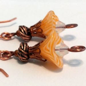 Copper Orange White Striped Glass Flower Earrings